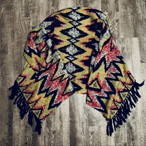 Woven Heart Aztec Open Long SweaterW/ Fringe Large
